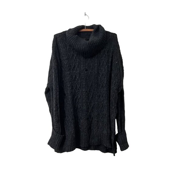 Free People Womens Gray Cable Knit Distressed Turtleneck Wool Alpaca Sweater L - Picture 1 of 8